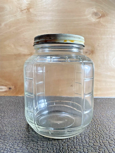 Vintage  Hoosier Cabinet Style Glass Round Canister, Ribbed Corners Jar w Lid