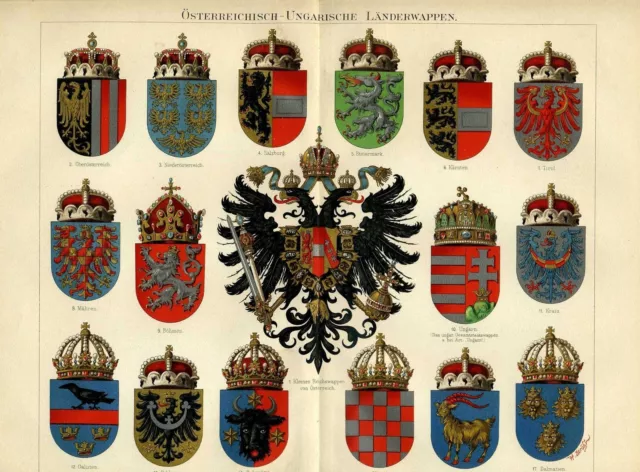 1896 Original Antique Print Chromolithograph German Meyers Austria Coats of arms