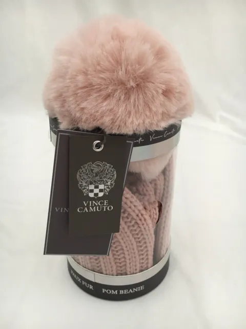 NWT/NIB Vince Camuto Blush Pink Faux Fur Pom Beanie Hat with Gift Box