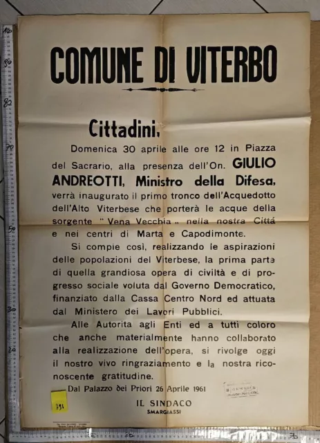 Manifesto Viterbo Giulio Andreotti 1961 Acquedotto Marta Capodimonte Vena Vecchi