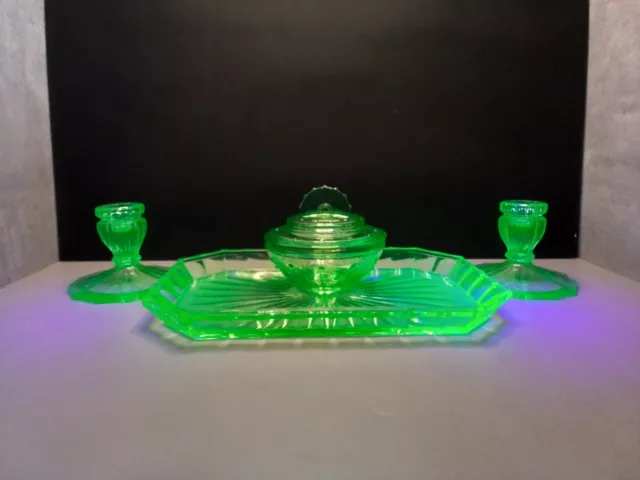 Uranium Glass Dressing Table Set ,see description