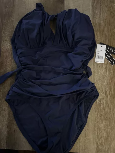 $120 LA Blanca Women's Blue Goddess Mio High Neck One-Piece Swimsuit Size 14