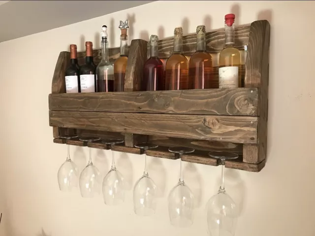 Cantinetta Vino Rustica Shabby Da Parete Portabottiglie E Calici In Legno