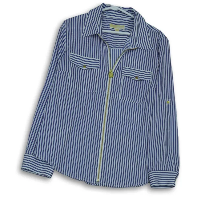 Michael Kors Womens Blue White Striped Long Sleeve Full Zip Blouse Top Size XL