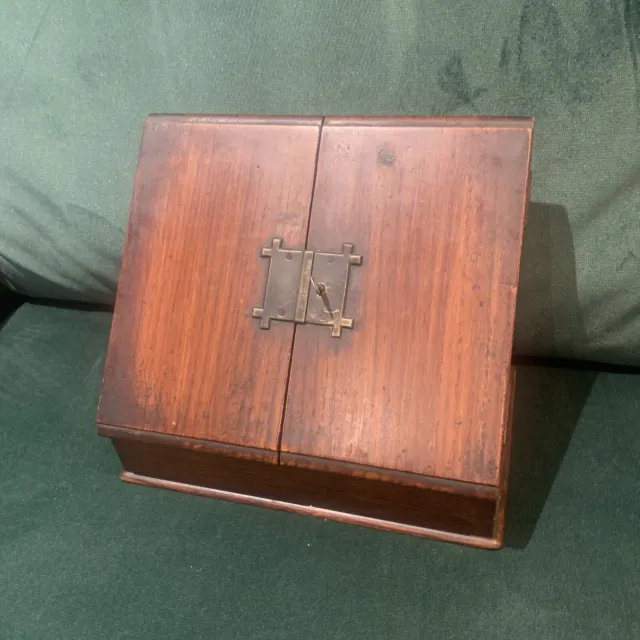 Antique Wooden Mahogany Stationary Post box Desktop Storage letter Rack w/Key