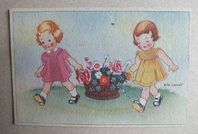 Cpa Illustrateur - Elie Lechat - Enfants Avec Panier De Fleurs