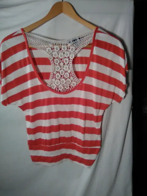 IZ Byer California Red White Striped Crochet Floral Racerback Top Ruched Waist