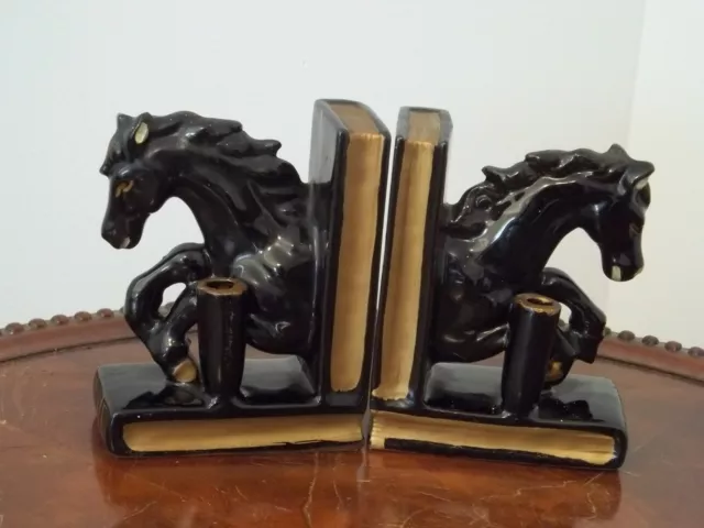 Mcm Black Ceramic Horse Head Bookends W/Pen Holders & Gold Highlights 4.5"...