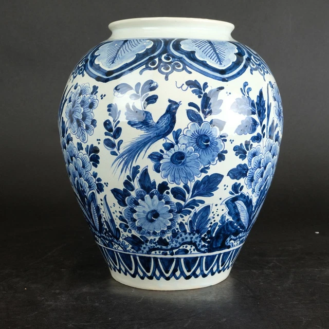 Vase Hollandais Delft Double Gourde, Monumental Polychrome Peint A La Main Annees 1950