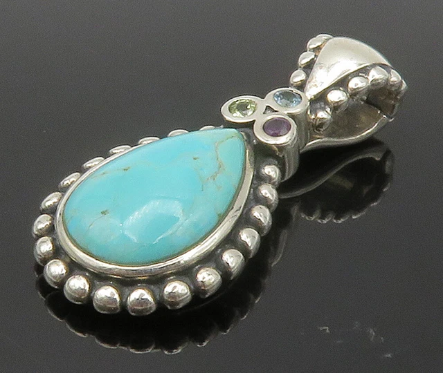 925 Sterling Silver - Tear Drop Turquoise Topaz & Amethyst Pendant - PT11869
