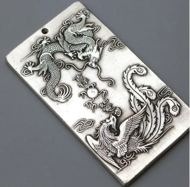 Waist tag amulet thanka token dragon phoenix statue China tibet Silver old