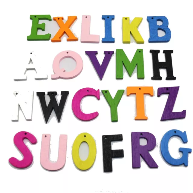 100 Mixed Bright Color Flatback Alphabet Letter Wood Bead Pendants 20mm Wood-Cut