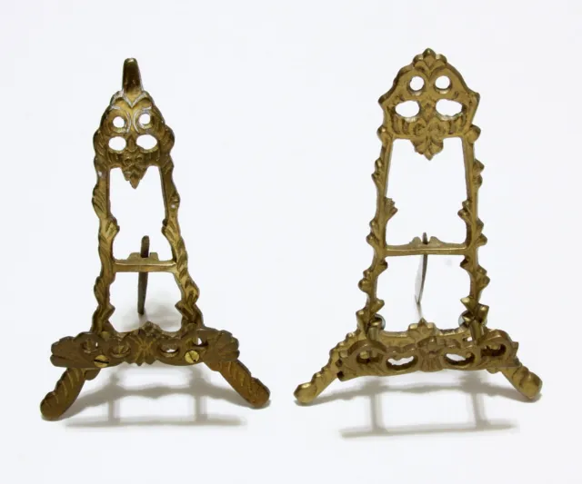 Pair Vintage Easels Ornate Art Plate Display Holders Solid Brass Victorian Style