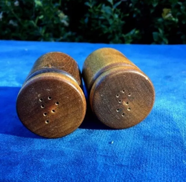 Antique Primitive Salt & Pepper Shakers WOODEN Cylinder P & S Maple Wood Unique