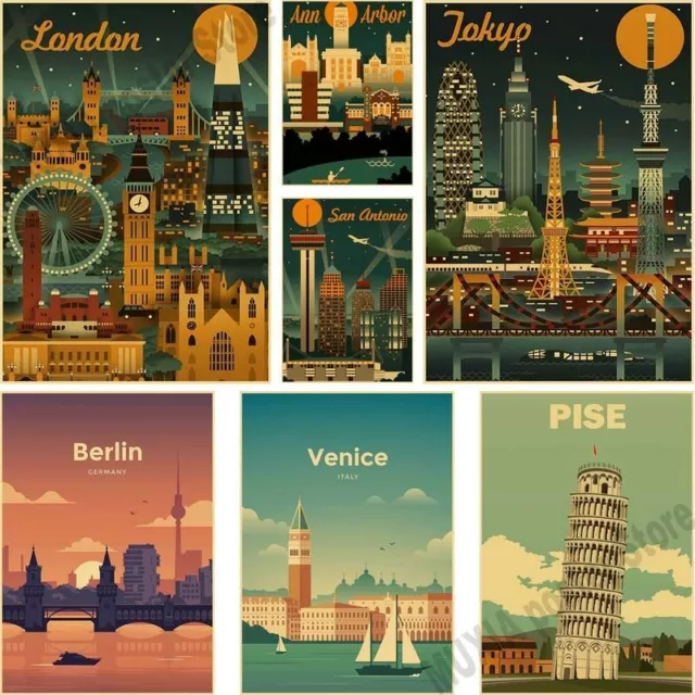 World Travel Famous City Vintage Poster London Sydney Kraft Paper Posters