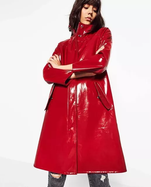 New Women Outwear Collection Red PVC Patent PVC Raincoat Vinyl Eco Coat Patent