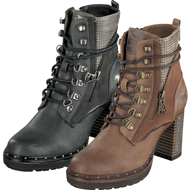 Bottines Mustang Femme à Lacets - Style Vintage Avec Talon Bloc Et Fermeture Éclair