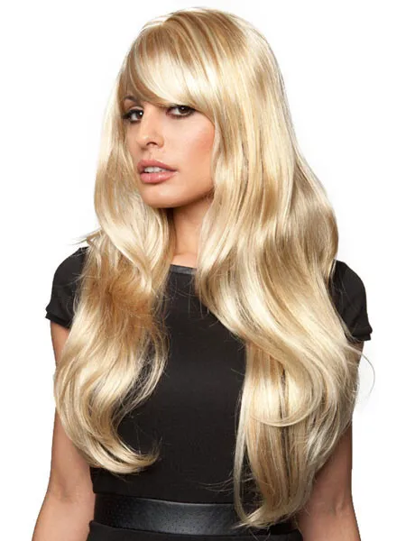 Long Light Blond Wavy Hairstyles Women's Natural 100% Human Hair Wig 24 Inch