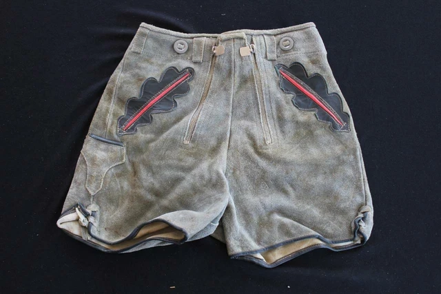 Vintage 1970'S Grigio Verde Camoscio Originale BAMBINO Lederhosen Shorts Taglia