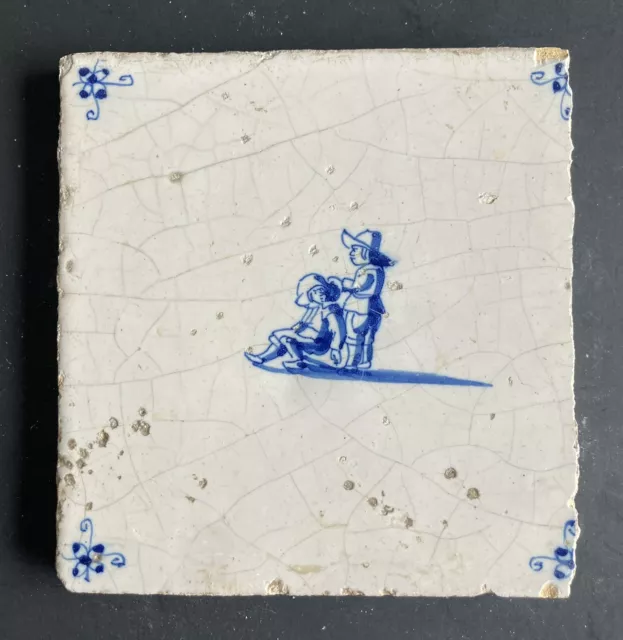 Antique 17th Century Early Dutch Delft Tile with Figures Circa 1600’s