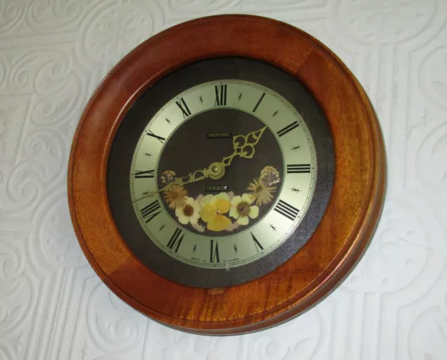 Unusual Vintage METAMEC Wall Clock with Wooden Teak ? Surround & Flowers to Dial