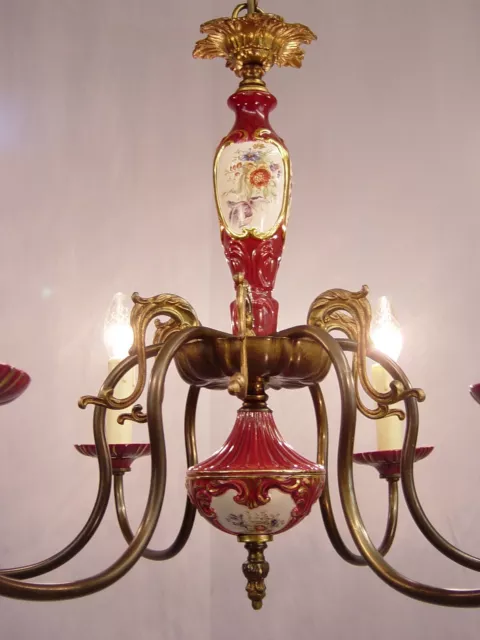 8 fl franz Kronleuchter Deckenlampe Porzellan Messing restauriert um 1950/60