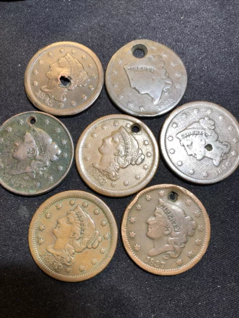 Large Cent Lot Of 7 Holed Pieces Nice Group