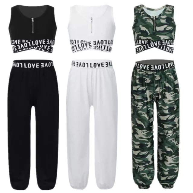 Kids Girls Tracksuit Sports Dance Outfits Letters Print Crop Tops Trousers Set