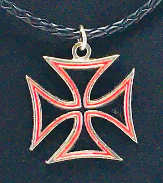 Vintage Red and Black Enamel Maltese Cross Necklace on 17" Black Leather Lace.