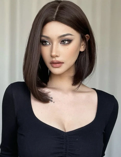 Perruque Courte Synthétique Marron Foncé Avec Frange Lisse - Bonnet OFFERT - Neuf Sans étiquettes