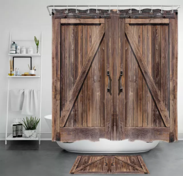 Retro Old Barn Door Shower Curtain Rustic Farmhouse Bathroom Accessories Set