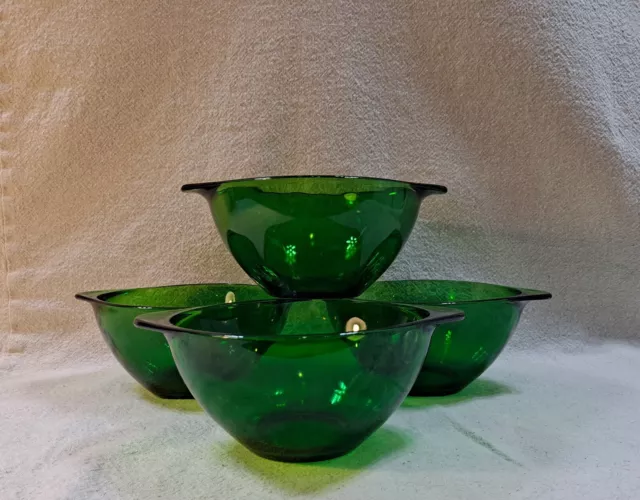 Set/ Four (4) VERECO-FRANCE FOREST GREEN CLEAR SMALL 5" BOWLS WITH TAB HANDLES