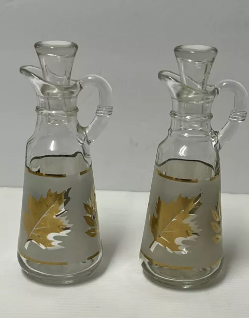 Vintage Glass Anchor Hocking "Starlyte" Gold Leaf Cruet Oil Vinegar Set Of 2