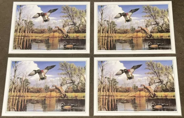 Vintage Settling In Ducks Unlimited Laminated Placemats Set x 4 Brown & Bigelow