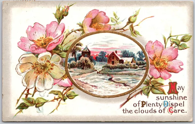 1910's Landscape Hometown with Flowers Greetings Wishes Card Posted Postcard