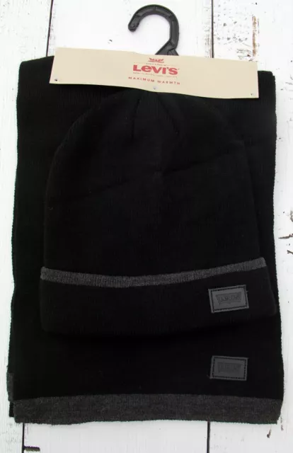 LEVI"S Men's SCARF Beanie HAT SET NEW BLACK GRAY One Size