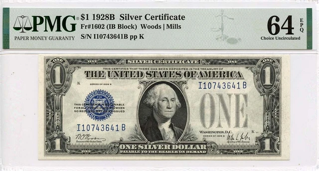 1928B $1 Silver Certificate Blue Woods Mills Fr# 1602 PMG 64 EPQ