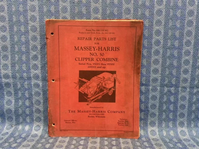 1952 Massey-Harris No. 50 Clipper Combine Original Repair Parts List Catalog