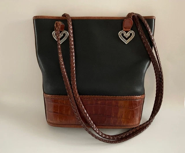 Brighton Leather Handbag Purse Tote Croc Embossed Black Brown Bucket Bag