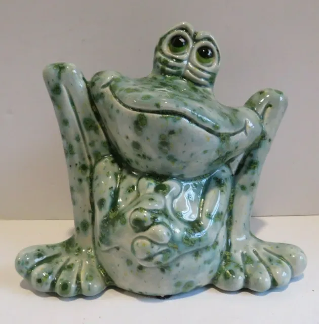 Vintage Drip Glaze Mid Century Modern Frog Statue Garden Ceramic Hippy Happy