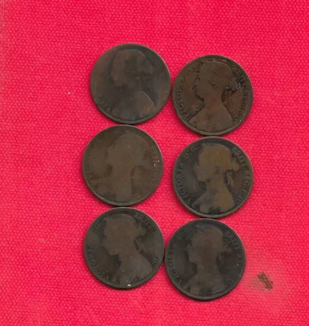 6 OLD Queen Victoria BUNHEAD  PENNIES  FROM 1861  /63/88/89/90 92   LOOK