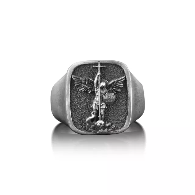 Solid 925 Handmade Sterling Silver  Saint Archangel Michael Biker Men's Ring
