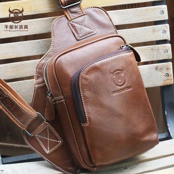 Travel Men's Genuine Leather Chest Bags Sling Shoulder Bag Cross-body Waist Pack