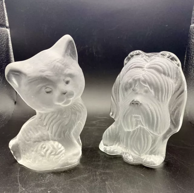 Vintage Viking Frosted Art Glass Hand Made Puppy & Kitten Paperweights/Bookends