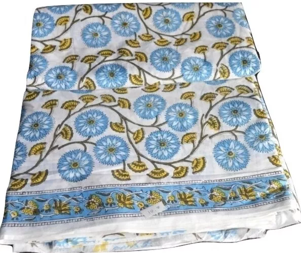 Indien 4.6m Main Bloc Imprimé Blanc et Bleu Fleuri Coton