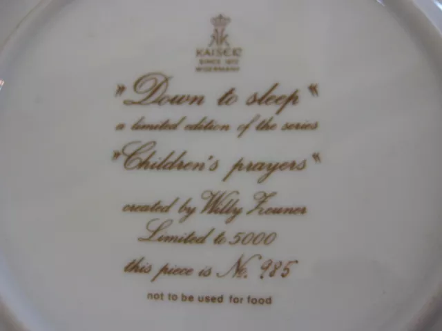 Kaiser China Down to Sleep Children's Prayers Collection Collector Plate, 7 1/2" 3