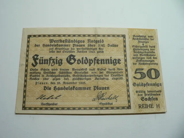 Notgeld Deutschland 50 Goldpfennig Plauen 1923