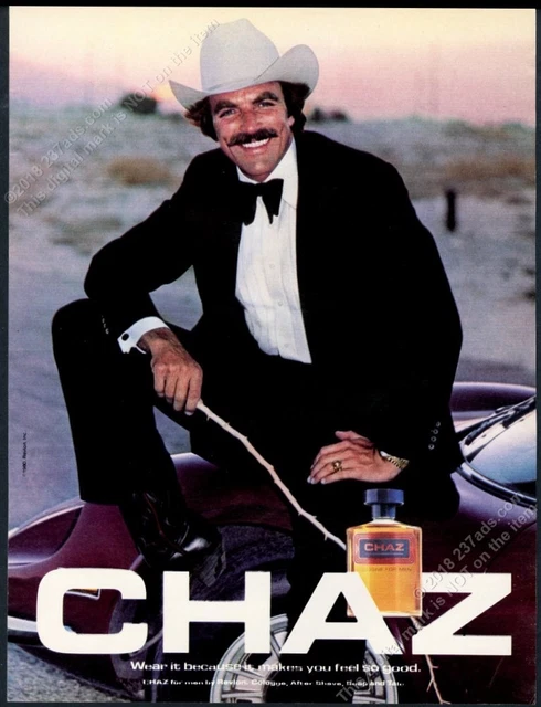 1980 Tom Selleck photo with Ferrari car Chaz Cologne vintage print ad