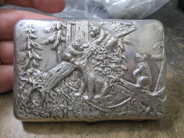 Super Rare Hand Chased Russian Hallmarked Silver Cigarette Case Bears & Woods