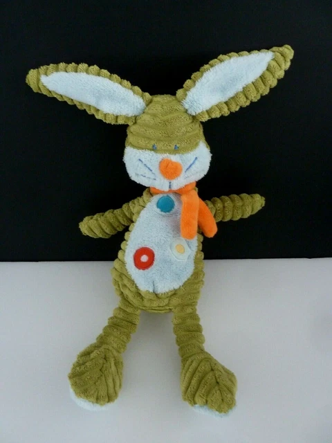 * DOUDOU PELUCHE TEX BABY LAPIN VERT BLEU ECHARPE ORANGE ROND 32 cms - TTBE